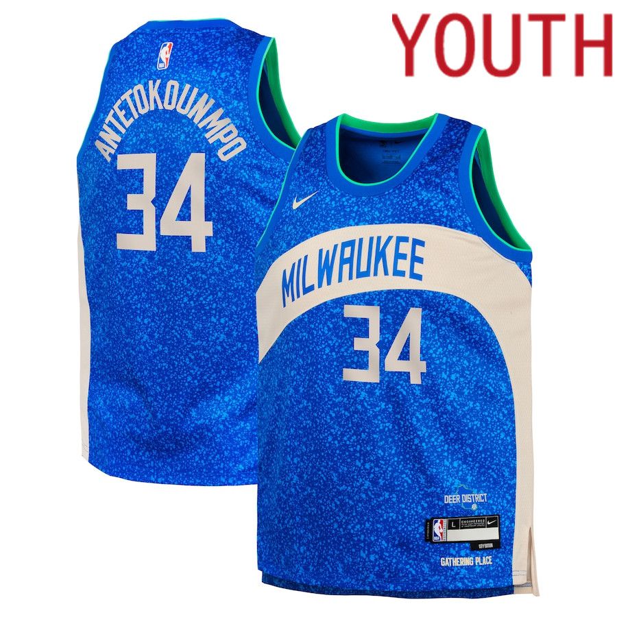 Youth Milwaukee Bucks 34 Giannis Antetokounmpo Nike Royal City Edition 2023-24 Swingman Replica NBA Jersey